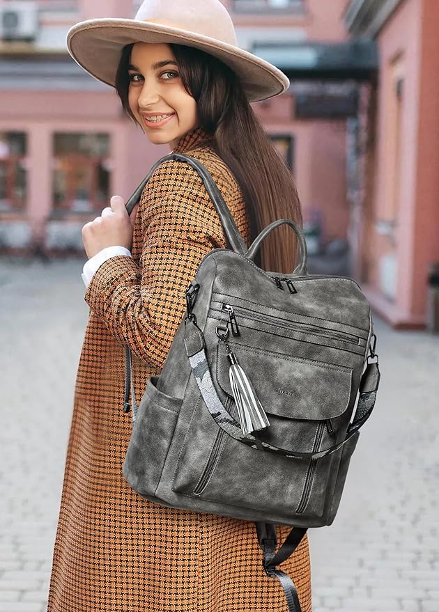 Shrrie Laptop Backpack for Women 15.6 inch,Travel Leather Backpack Purse Nurse Teacher Carry on Backpack Computer Bag,Professional Water-Resistant College Business Work Casual Daypack,Deep Gray