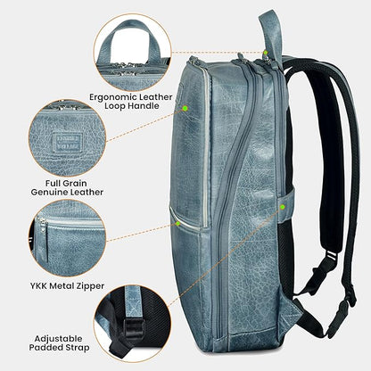 LEATHER VILLAGE Leather Laptop Backpack for Men | Teal Blue | Slim Professional Business Bag Fits 15.6”-Laptop | Water-Repellent Work & Travel Daypack with Trolley Strap