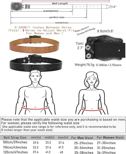 Western Cowboy-Belts for Men Big-Buckle Longhorn-Bull PU-Leather Rodeo Cowgirl-Belt Engraved Floral - Waist 25-38"
