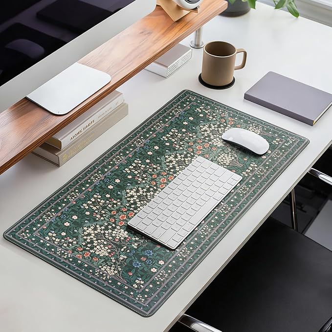 MOSISO Large Mouse Pad Gaming Mousepad, 35.43 x 15.74 inches Vintage Floral Cluster PU Leather Mousepad with Anti-Slip Base&Stitched Edges, Keyboard Pad Mouse Mat for Desktop/Office/Home, Green