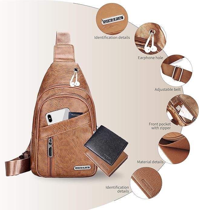 Sling Bag Set, PU Leather Sling Bag, Multi-Zipper Design for Travel, Outdoors, Valentine’s Day Gifts