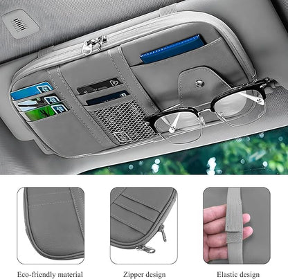 Car Sun Visor Organizer, Leather Multi-Pocket Visor Organizer Pouch with Double Zippers Net, Sunglass Holder Storage Pocket for License Pen Key Card Registration Document (Gray)