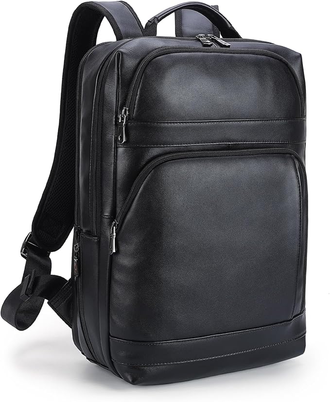 Masa Kawa Black Leather Laptop Backpack for Men Fits 16” 15.6” Computer, Business Travel Work Large Daypack Camping Weekender Bag