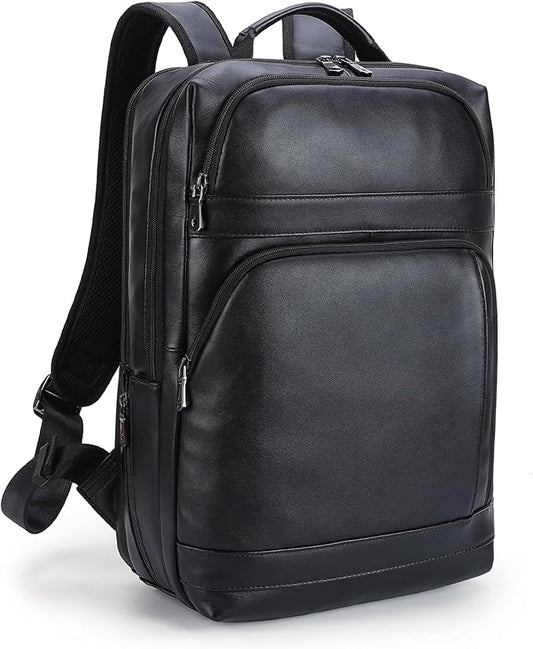 Masa Kawa Black Leather Laptop Backpack for Men Fits 16” 15.6” Computer, Business Travel Work Large Daypack Camping Weekender Bag