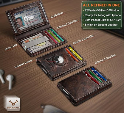 BULLIANT Men Airtag Wallet,Slim Wallet Money Clip Card Holder Magnetic Closure 12 Cards in Front Pocket RFID Blocking