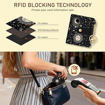 Jogjam Sun and Moon Rfid Women Wallet, Small Slim Thin Credit Card Wallet, PU Leather Bifold Cash Zipper Coin Pocket ID Window for Female Ladies Teen Girls Girly