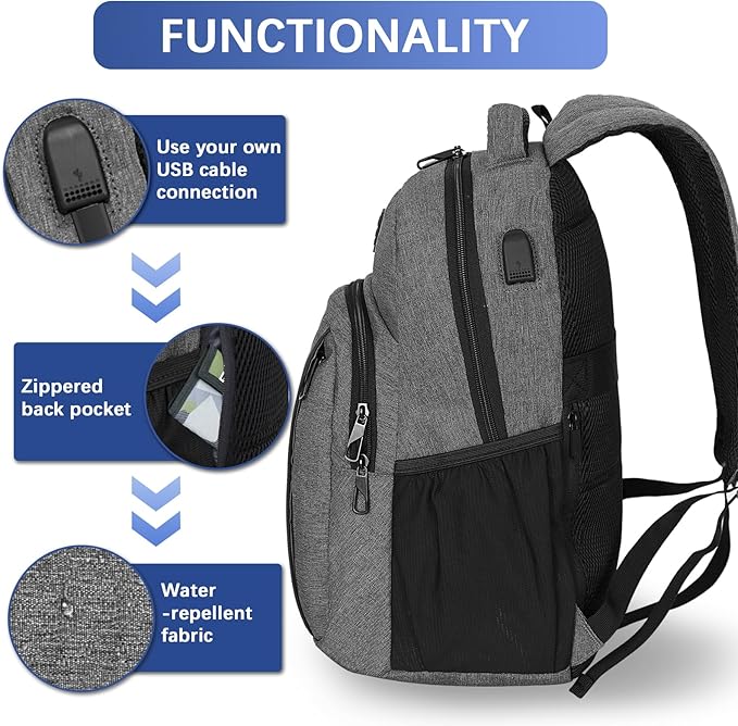 LARIPOP Carry On Backpack for Airplane, 15.6 Inch Laptop Backpack with USB Charging Port, Water Resistant Business Travel Backpack, Lightweight College School Bookbag Anti Theft for Men Women, Grey