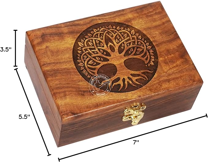 Rosewood Handmade Wooden Urn | Tree of Life Engraving Handcarved Jewellery Box for Women & Men | Home Decor Accents | Decorative Keepsake Box | Storage & Organiser (7"x5"x2.5", - 60 Cubic Inch)