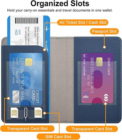 RSAquar Passport Holder for Women and Men, Premium PU Leather Travel Passport Wallet RFID Blocking Passport Cover Travel Documents Organizer (JD-Blue)