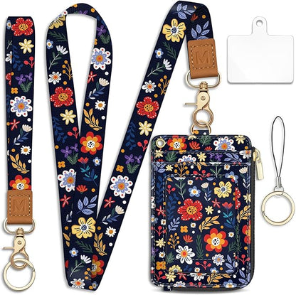 Piefly Flowers Lanyard Wallet with ID Badge Holder, Floral Small RFID Wallets Women Keychain Wristlet, Slim Credit Card Holder with Zipper Pocket Phone Lanyard Wrist Strap Name Tag Office Teacher Gift