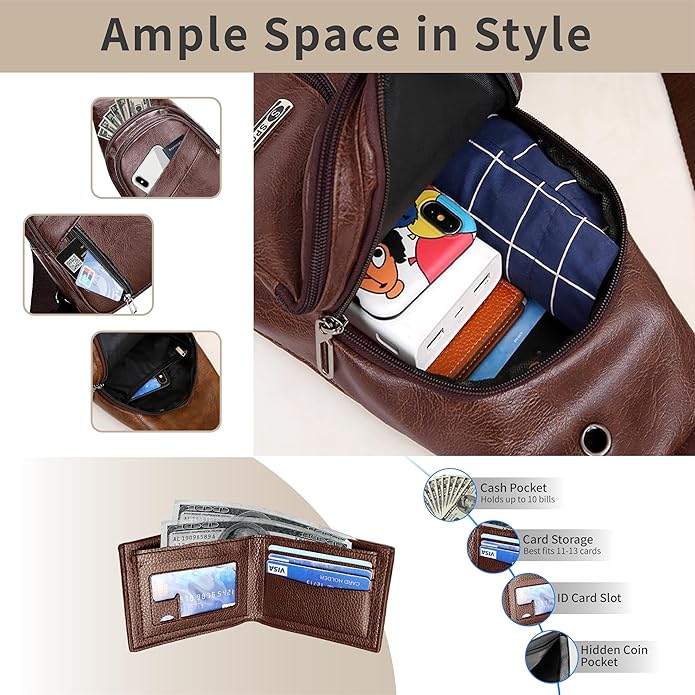 Sling Bag Set, PU Leather Sling Bag, Multi-Zipper Design for Travel, Outdoors, Valentine’s Day Gifts