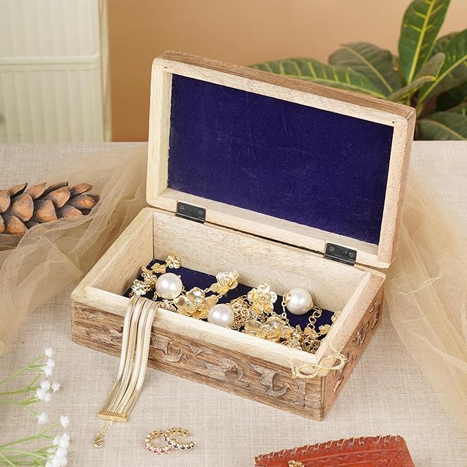 Ajuny Wooden Jewelry Box - Hand Carved Mango Wood Tree of Life Celtic Carving Decorative Multipurpose Keepsake Box, Treasure Chest Memory Box Organizer Travel Trinket Holder Case Gifts - 8x5 Inch