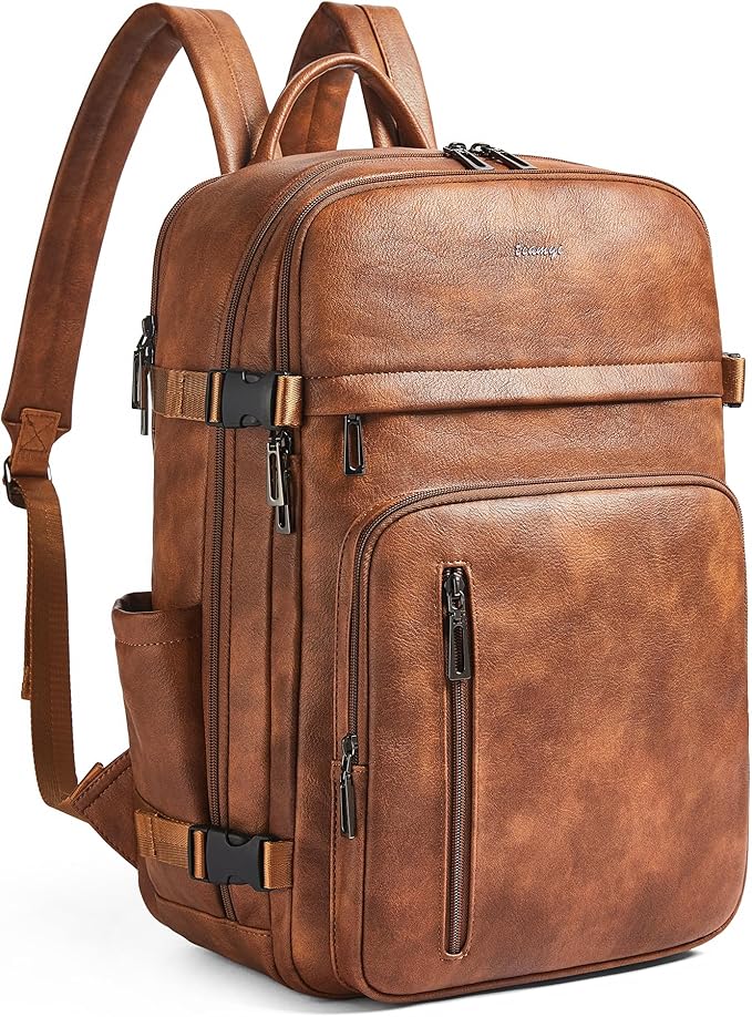 Travel Backpack for Women and Men, Fits 17.0" Laptop, Stylish Lay-Flat Carry-on Vegan Leather Backpack with Luggage Strap for Travel and Daily Use