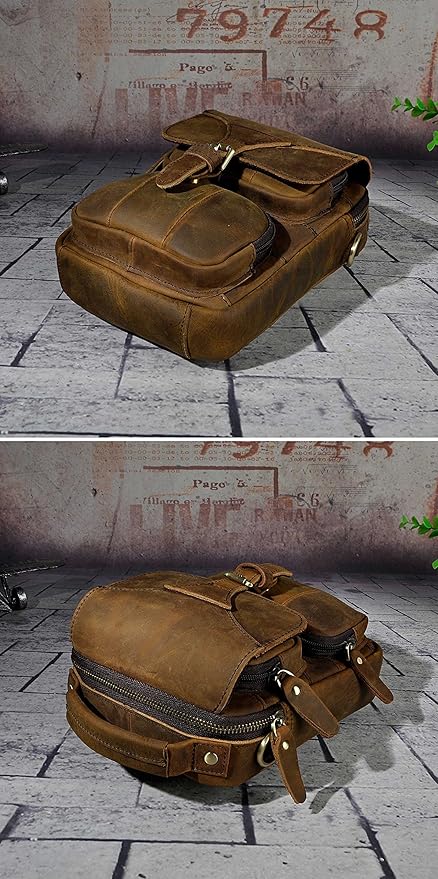 Le'aokuu Mens Genuine Leather Small Messenger Shoulder Satchel Phone Pouch Belt Waist Bag Pack