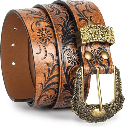 Mealah Vintage Western-Cowboy-Belt for Women Men - Carved Buckle PU Leather Waist Belts (for Waist 28"-38")