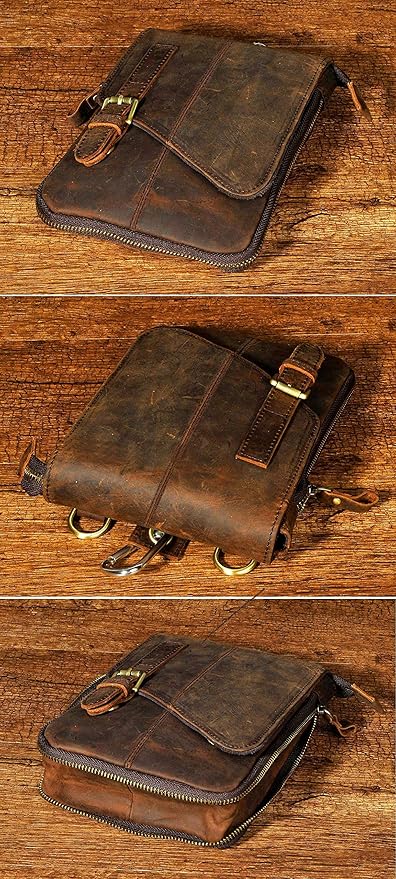 Le'aokuu Mens Genuine Leather Small Messenger Shoulder Satchel Phone Pouch Belt Waist Bag Pack