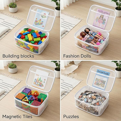 holay Clear Toy Storage Bags with Handle, 4 Pack Playroom Storage Organizer Bins Kids Toys, Board Games, Busy Bags, and Homeschool Supplies –Transparent PVC with Reinforced Base(White, Small)
