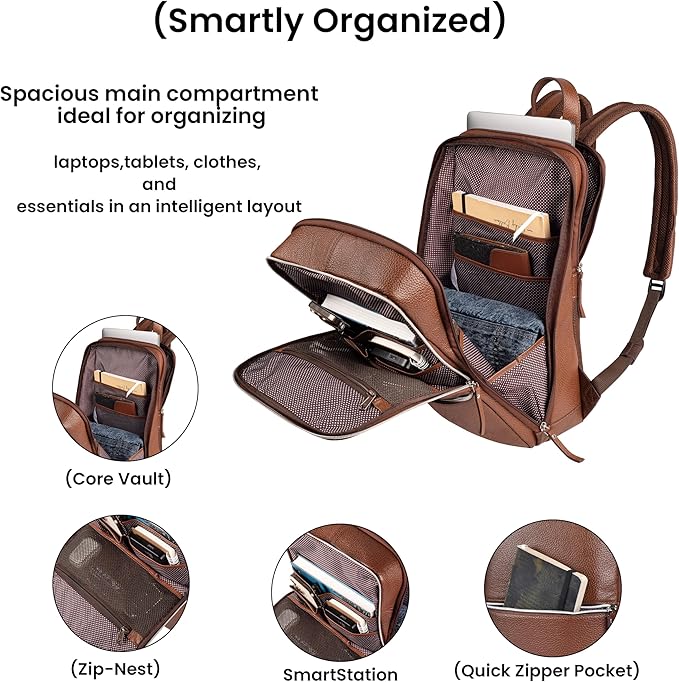 LEATHER VILLAGE Leather Laptop Backpack for Men | Cognac Brown | Slim Professional Business Bag Fits 15.6”-Laptop | Water-Repellent Work & Travel Daypack with Trolley Strap