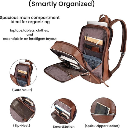 LEATHER VILLAGE Leather Laptop Backpack for Men | Cognac Brown | Slim Professional Business Bag Fits 15.6”-Laptop | Water-Repellent Work & Travel Daypack with Trolley Strap