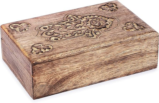 Ajuny Wooden Box with Hamsa Hand Carved Decorative Multipurpose Use Jewelry Organizer Travel Treasure Chest Trinket Holder Gift - 8 X 5 Inch