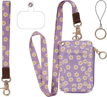 MONDO DESIGNS 2-in-1 ID Badge Holder & Lanyard Wallet - Multi-Use Womens Small Wallet with Removable Wristlet & Neck Lanyard, Clear Window, 5 Card Slots, Phone Holder, Ring Keychain - Purple Daisies