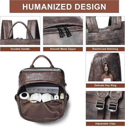 Vegan Leather Backpack for Women and Men, Fits 16.0 Inch Laptop, Multi-Pocket Design with Water Bottle and Luggage Strap, Ideal for Work, Travel, and Daily Use, Coffee