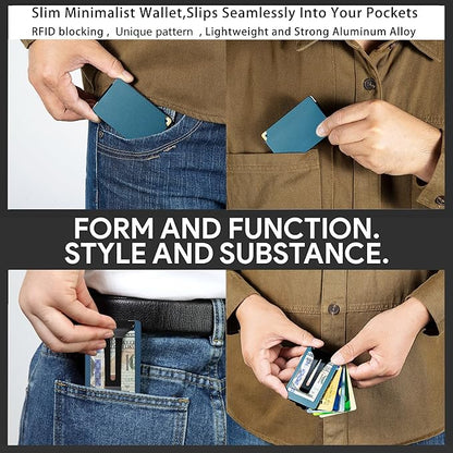 Minimalist Carbon Fiber Wallet for Men, Money Clip Cash Strap Wallet, RFID Blocking Metal Wallet Aluminum Card Holder,Front Pocket Wallet(Matte Navy)