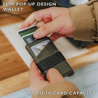 Hacksmith The Smith Wallet – Slim RFID Blocking Wallet for Men – Minimalist Front Pocket Wallet with Money Clip Band – Tactical Leather and Metal Wallets for Credit Cards & Cash (Olive Green)