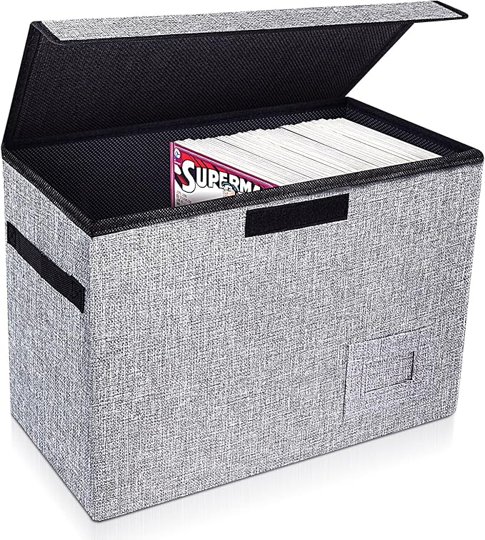 Leffis Comic Book Storage, Box 15.5" X 7.5" X 11.3", Collapsible Comic Short Box with Lids Holds 150 Comics Heavy Duty Comic Book Bin Container (1 pack, grey)