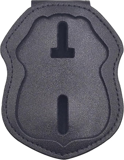 Police Badge Holder Made of Cowhide Universal Black with Leather Belt Buckle Hook Buckle and Stainless Steel Bead Chain Law Enforcement Officer Gifts Polygonal