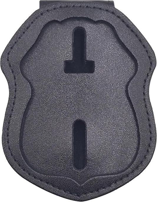 Police Badge Holder Made of Cowhide Universal Black with Leather Belt Buckle Hook Buckle and Stainless Steel Bead Chain Law Enforcement Officer Gifts Polygonal