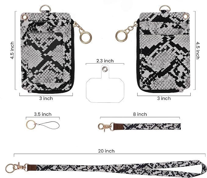 MONDO DESIGNS 2-in-1 ID Badge Holder & Lanyard Wallet - Multi-Use Womens Small Wallet with Removable Wristlet & Neck Lanyard, Clear Window, 5 Card Slots, Phone Holder, Ring Keychain - White Snake