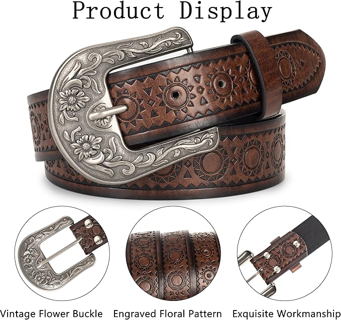 Mealah Vintage Western-Cowboy-Belt for Women Men - Carved Buckle PU Leather Waist Belts (for Waist 28"-38")