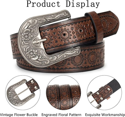 Mealah Vintage Western-Cowboy-Belt for Women Men - Carved Buckle PU Leather Waist Belts (for Waist 28"-38")