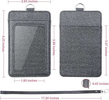PU Leather ID Badge Holder, Life-Mate ID Badge Holder with 1 Clear ID Window 1 Credit Card Slot and PU Leather Lanyard for Badge Credit Cards College ID Cards in Glitter Black