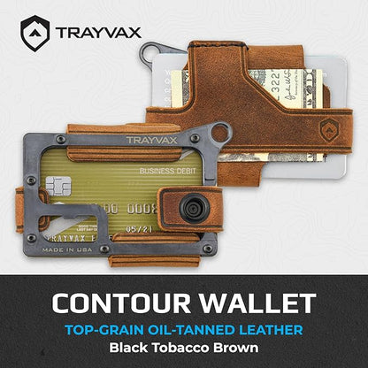 Trayvax Contour Wallet, RFID Front Pocket Money and Credit Card Holder, Minimalist Slim Leather Metal Wallet for Men and Women, Black Tobacco Brown