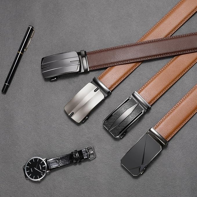 SENDEFN Men's Leather Belt Automatic Ratchet Buckle Slide Belt for Dress Casual Trim to Fit with Gift Box