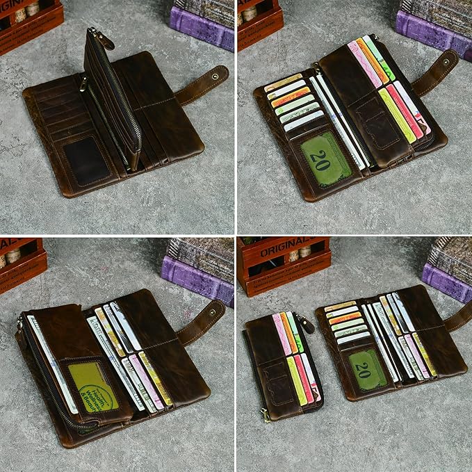 Genuine Crazy Horse Leather Travel Gift Coin Pocket Card Case Long Organizer Chain Rfid Wallet Purse With Snap For Men Male 1803 1815 (1803 Light Brown)