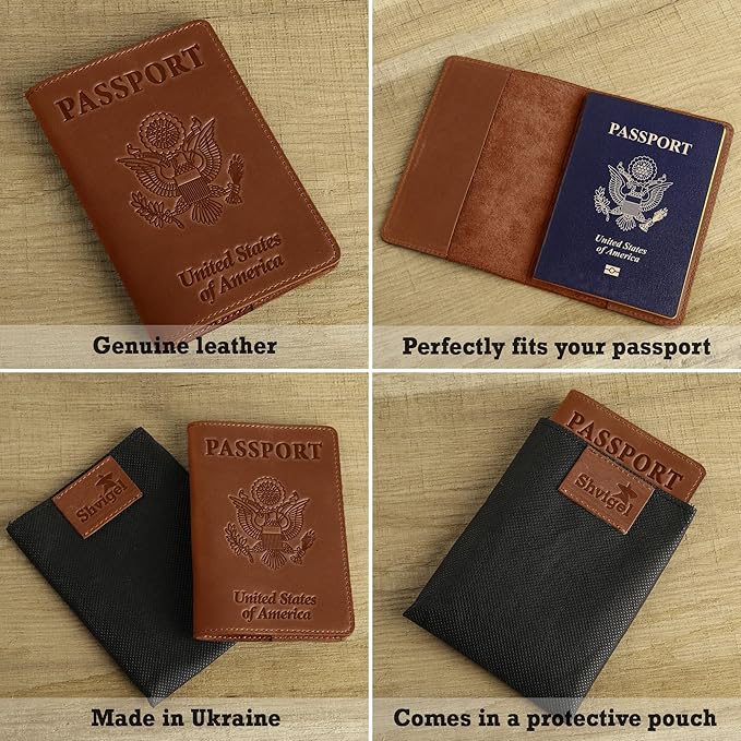 Shvigel US Leather Passport Book Cover - Thin American Travel Passport Holder - Premium International USA Passport Protector Case for Women Men (Light Brown Vintage)
