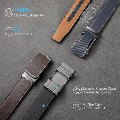 SENDEFN Men's Leather Belt Automatic Ratchet Buckle Slide Belt for Dress Casual Trim to Fit with Gift Box