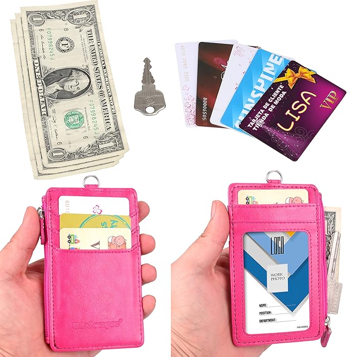 Badge Holder with Zip, Wisdompro Double Sided PU Leather ID Badge Card Holder Wallet Case with 5 Card Slots, 1 Side Zipper Pocket and 20 Inch Leather Neck Lanyard/Strap - Hot Pink (Vertical)