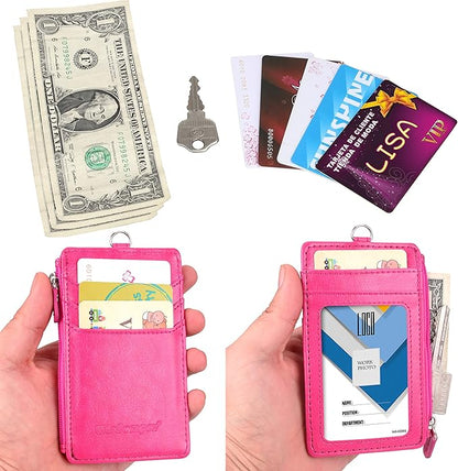 Badge Holder with Zip, Wisdompro Double Sided PU Leather ID Badge Card Holder Wallet Case with 5 Card Slots, 1 Side Zipper Pocket and 20 Inch Leather Neck Lanyard/Strap - Hot Pink (Vertical)