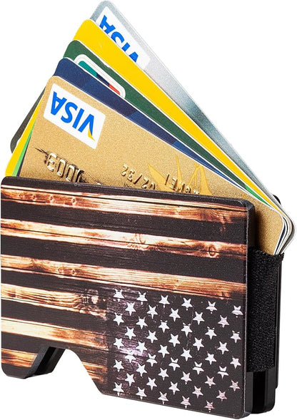 Slim Wallet for Men,RFID Blocking Minimalist Metal Wallet, Money Clip/Cash Holder, Front Pocket Aluminum Credit Card Holder, Ideal Gift for Men,Wood American USA Flag