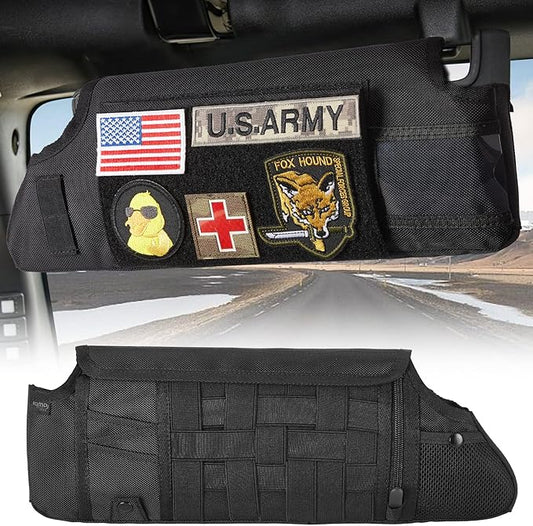 Upgraded Sun Visor Organizer Compatible with Wrangler JK 2007-2009, Multi-Pocket Net Zipper Visor Storage Cover, Molle Webbing Holder Pouch