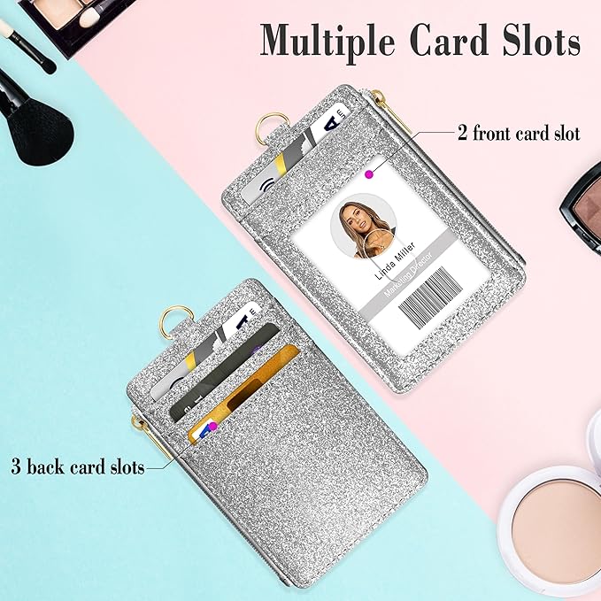 ID Badge Holder with Lanyard, Vertical Bling Shiny ID Badge Card Holder with 1 Clear ID Window, 4 Credit Card Slots, 1 Cash Coin Slot and a Detachable Neck Lanyard (Bling Silver)