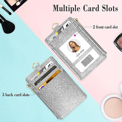 ID Badge Holder with Lanyard, Vertical Bling Shiny ID Badge Card Holder with 1 Clear ID Window, 4 Credit Card Slots, 1 Cash Coin Slot and a Detachable Neck Lanyard (Bling Silver)