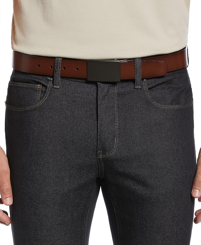 Perry Ellis Men's Reversible Bonded Leather Plaque Buckle Dress Belt