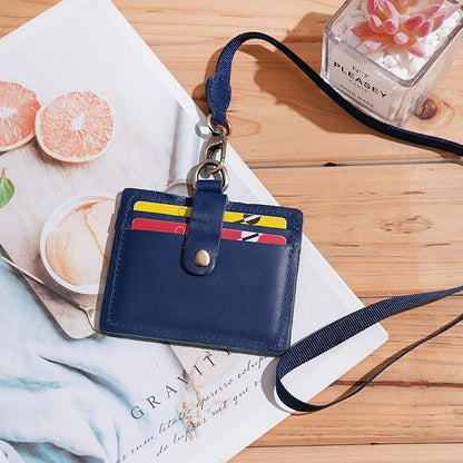 Wonderpool Leather Horizontal Badge Holder with Detachable Neck Lanyard and Retractable Badge Reel Clip, Card Slots Case ID Card Holder for ID Badges Card and Driver Licence (Blue)