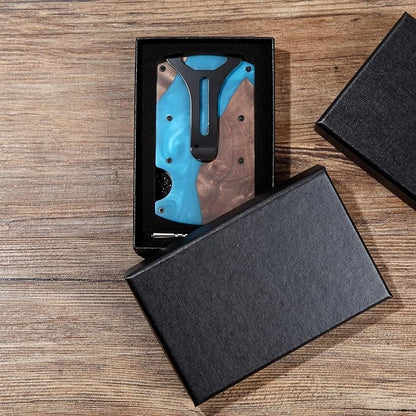 Slim Wallet for Men,RFID Blocking Minimalist Metal Wallet, Money Clip/Cash Holder, Front Pocket Aluminum Credit Card Holder, Ideal Gift for Men,Resin Light Blue-Wood