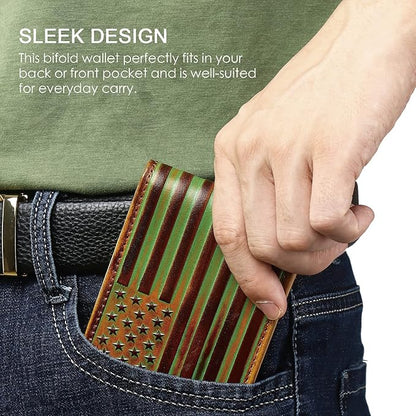 Pefiam Full Grain Leather Bifold Wallet for Men - 12 Slots, RFID Blocking - USA Flag, Brown
